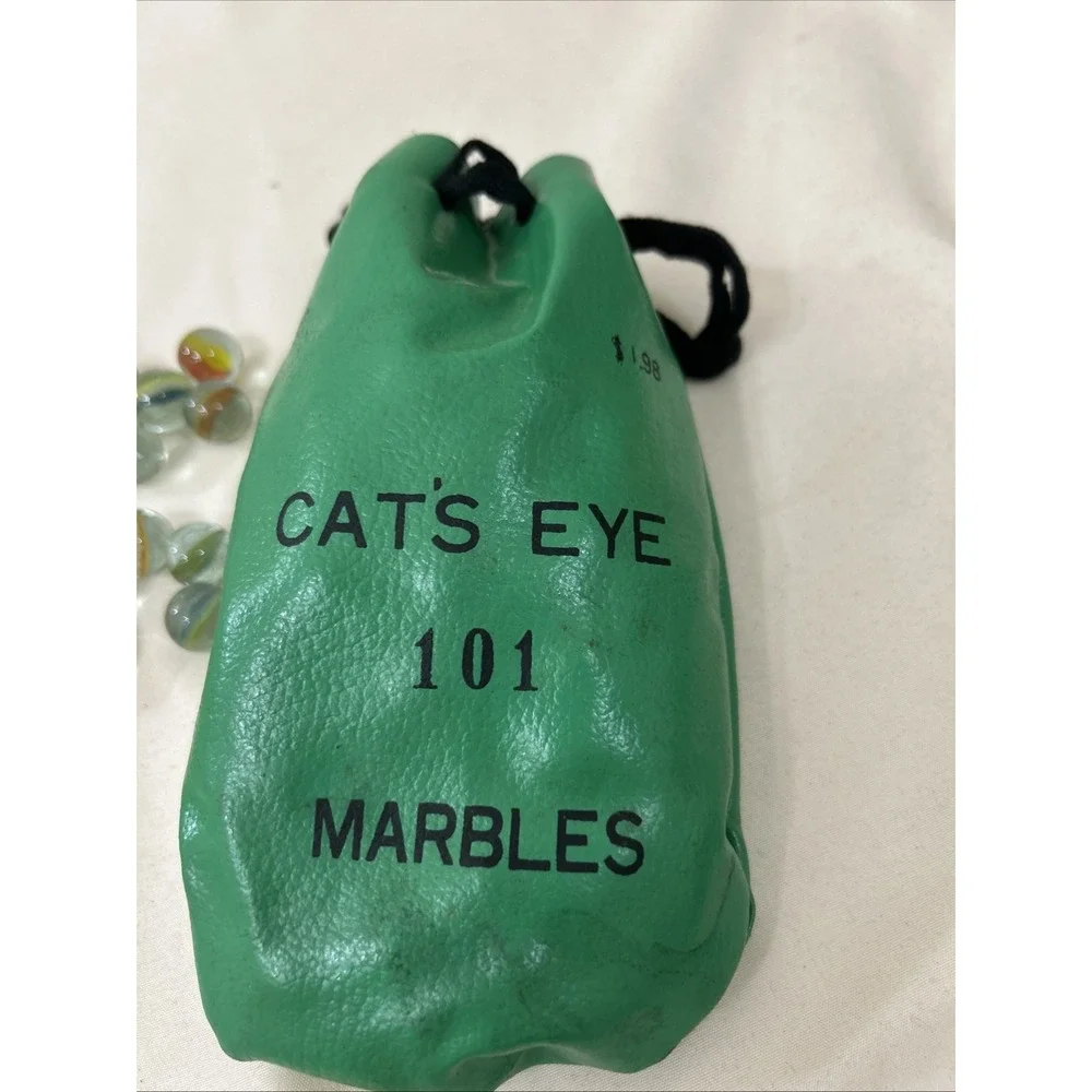 101 CAT'S EYE Marbles In Green Vinyl Drawstring Bag